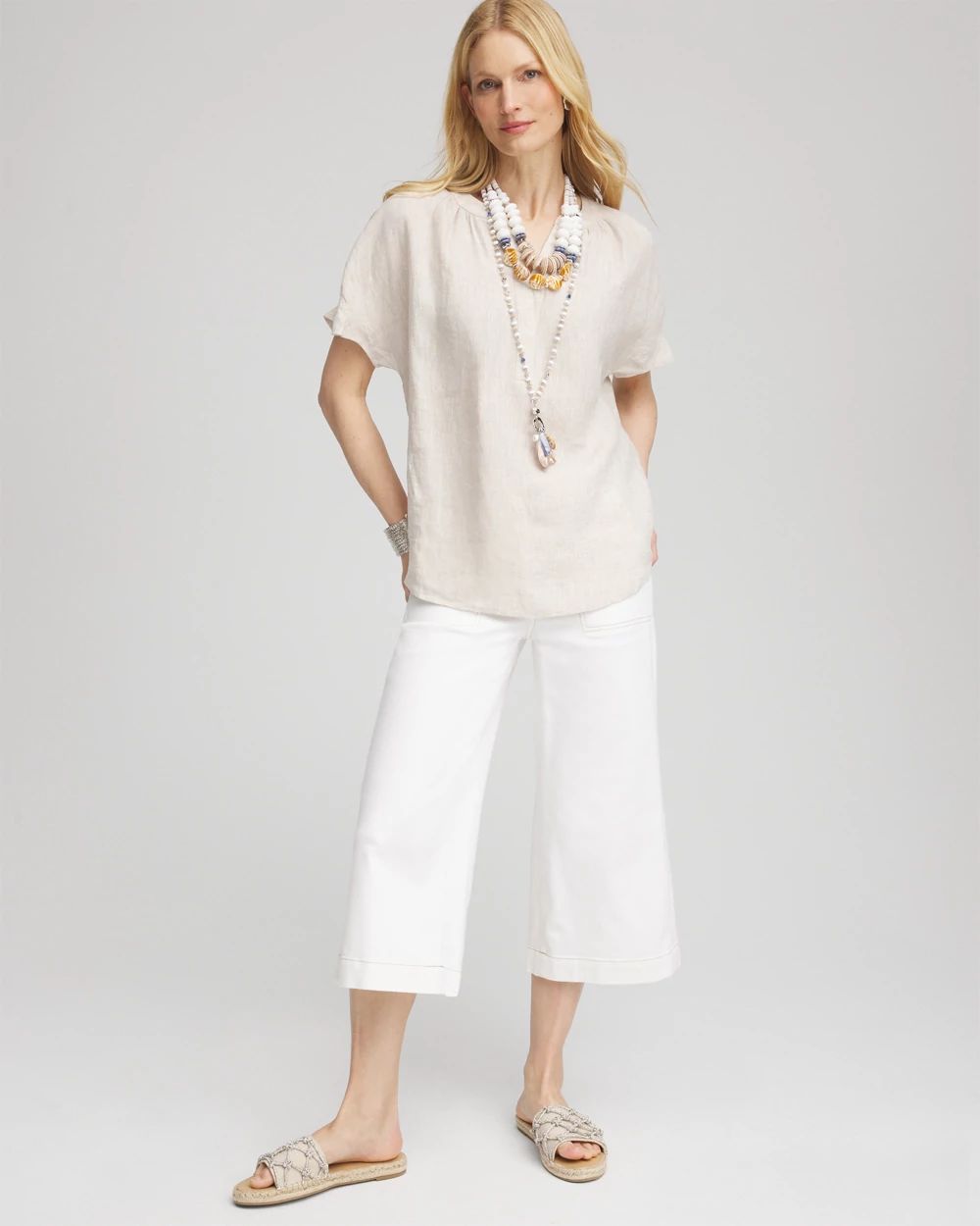 Linen Flutter-Sleeve Popover Top