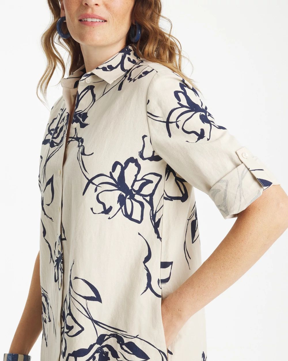 Printed Linen-Cotton Shirtdress click to view larger image.