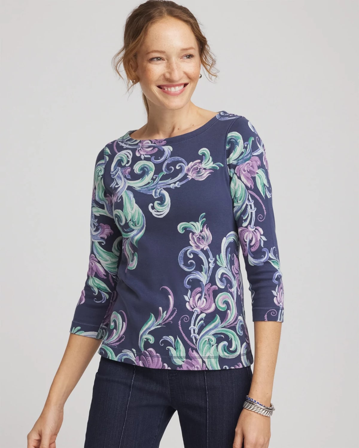 Chico's Pima 3/4 Sleeve Tee In Teal Shadow In Blue