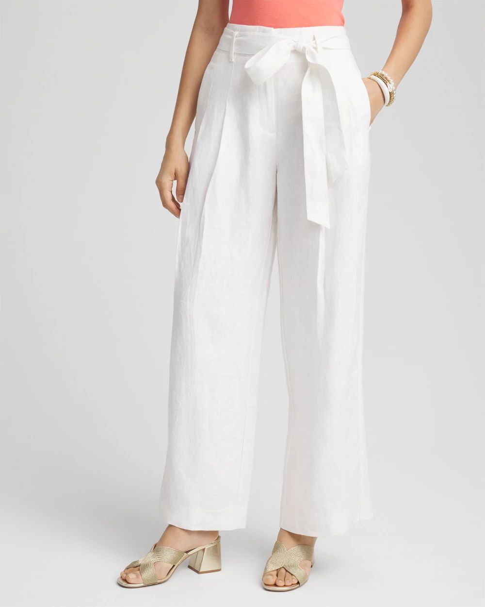 Petite Belted Pleated Wide-Leg Linen Pants