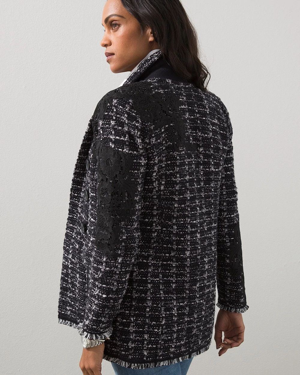 Embroidered Plaid Sweater Blazer