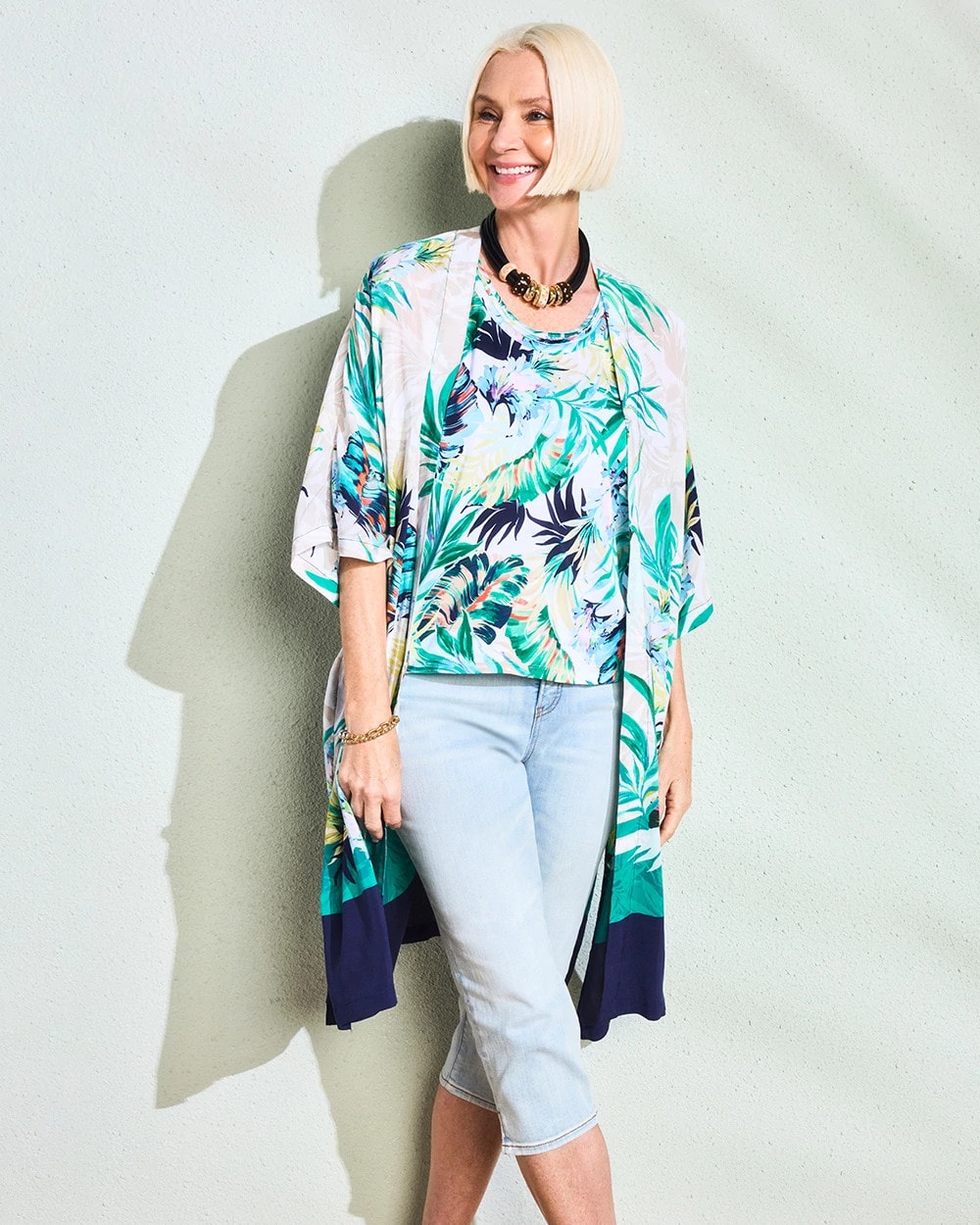 Printed Smocked Long Kimono
