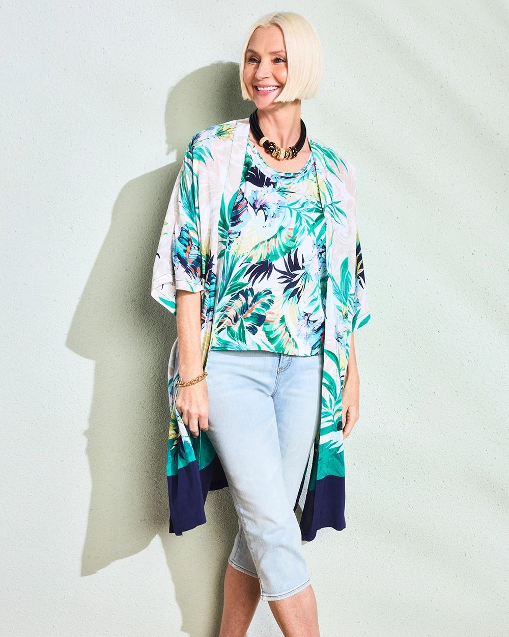 Printed Smocked Long Kimono