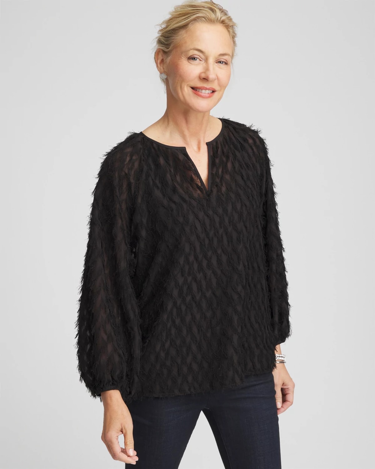 Chico's Feathered Pullover Peasant Blouse In Black