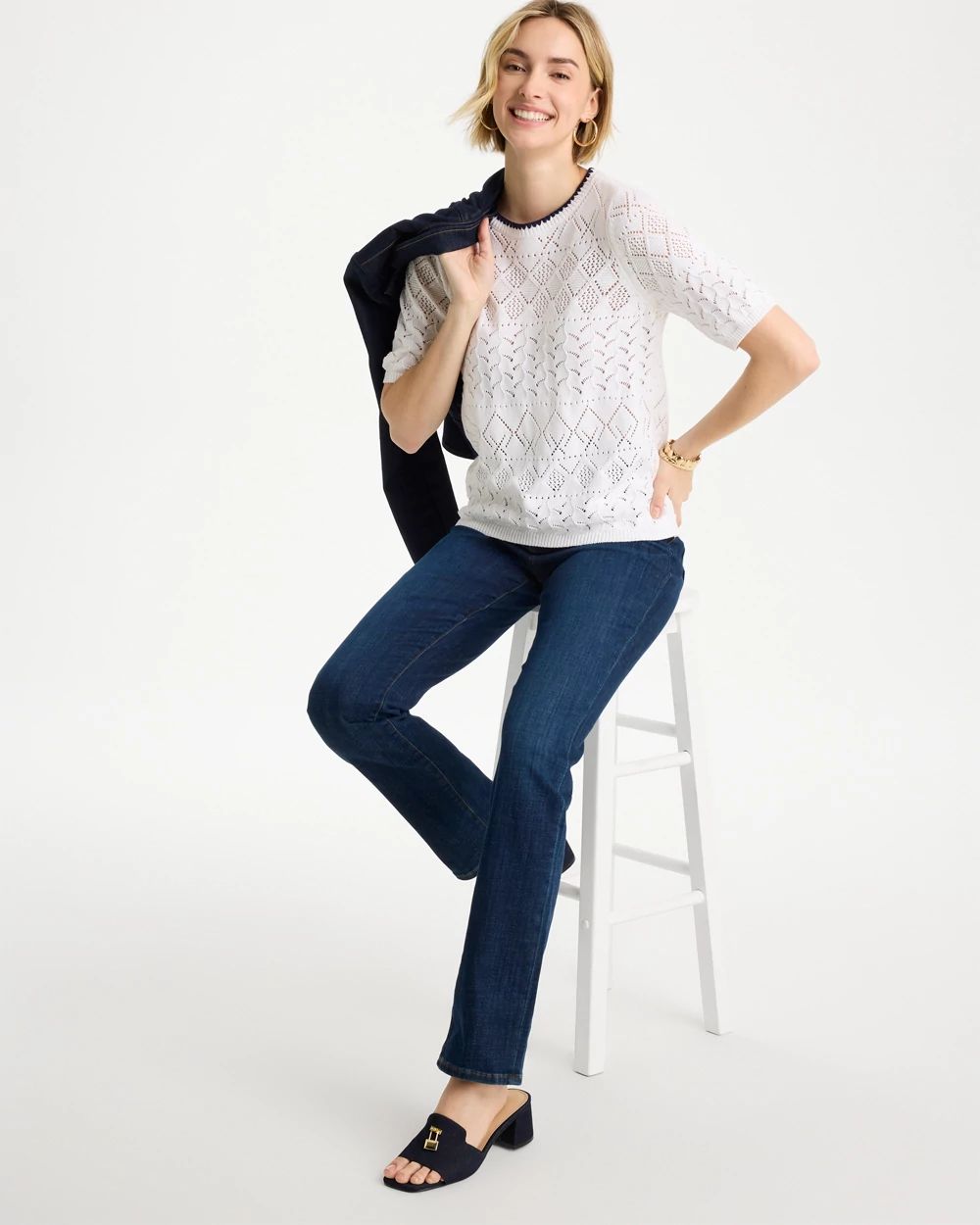 Pointelle Blanket-Stitch Pullover Sweater click to view larger image.