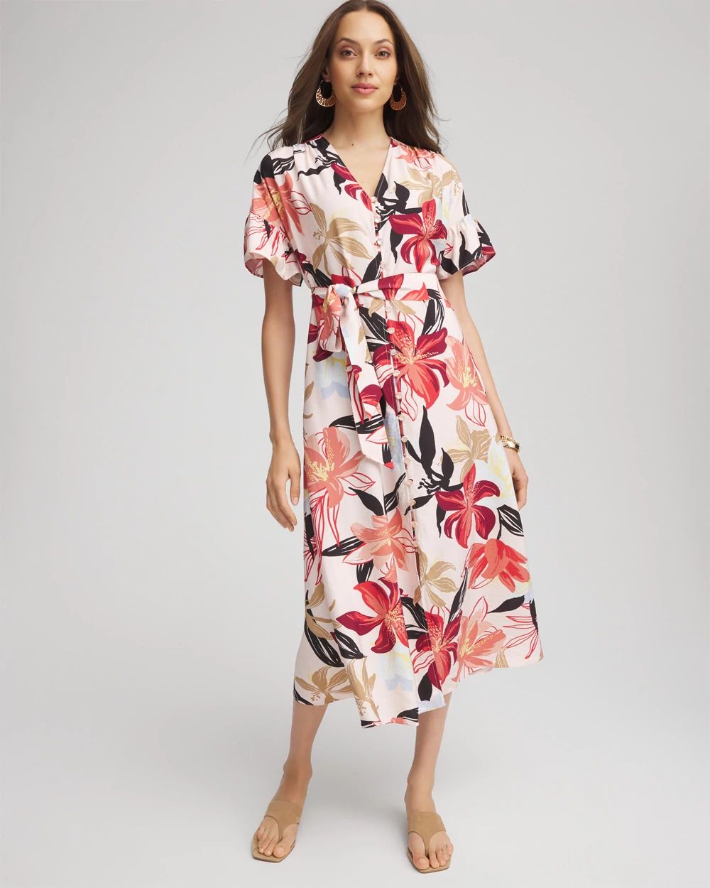 Tonal Floral Ruffle-Sleeved Midi Dress