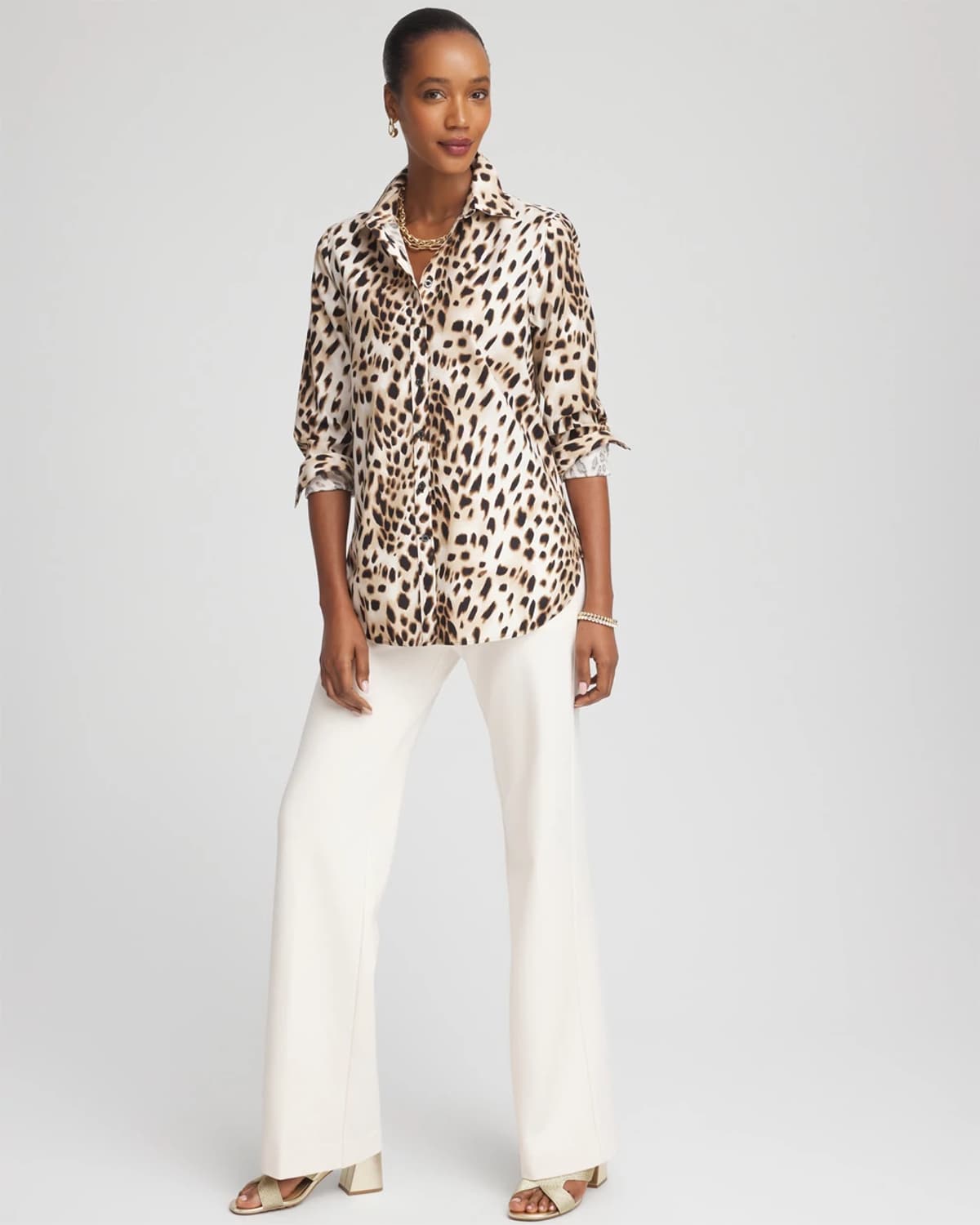 Chico's No Iron Cheetah-print Shirt In Caramel Apple