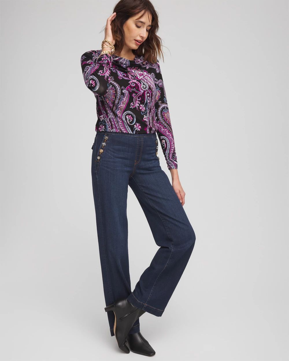 Petite Embellished Wide Leg Pull On Jeans