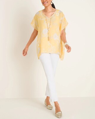 Warm-Toned Foliage-Print Linen Poncho