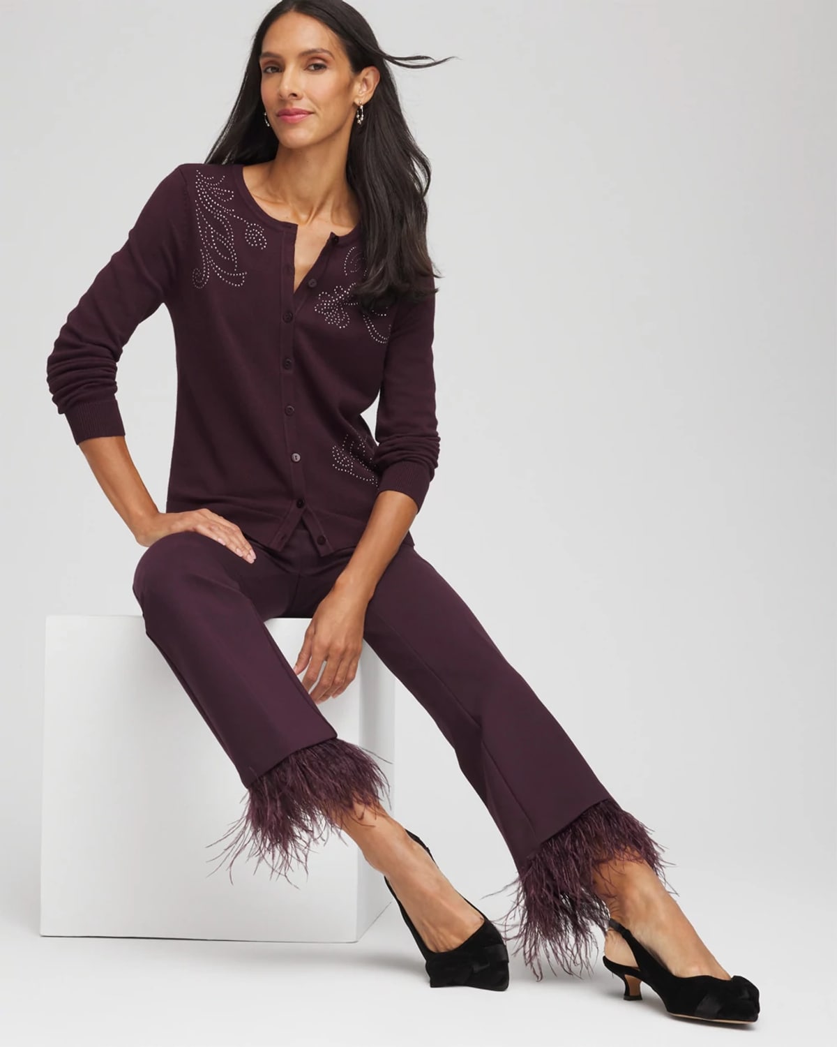 Chico's Juliet Feathered Flared Cropped Pants In Night Bloom In Purple