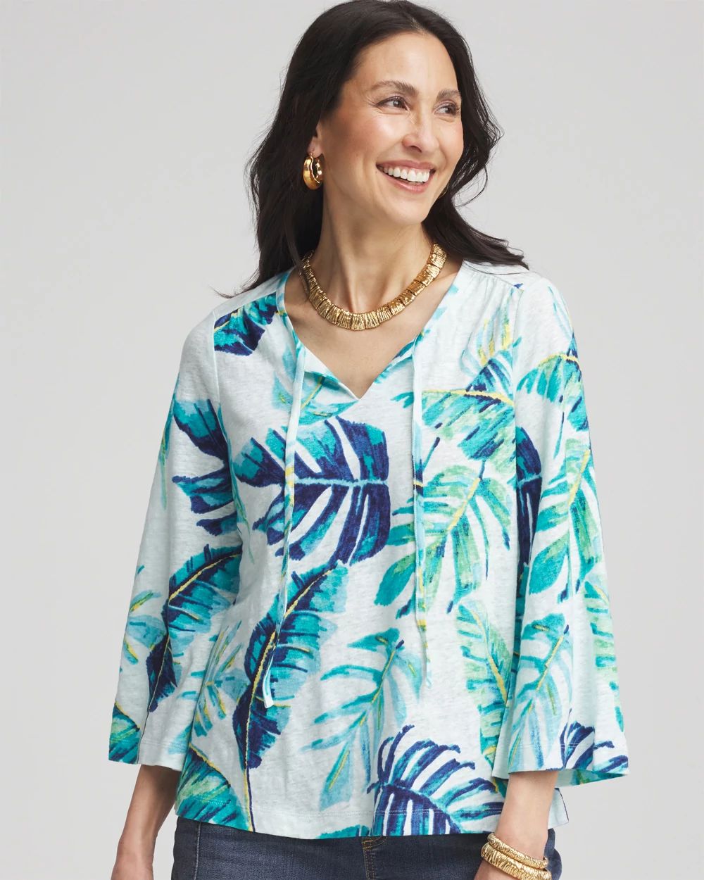 Top Tunique Chico’s Taille 2 – Imprimé Animal, Manches 3/4, Viscose Confortable