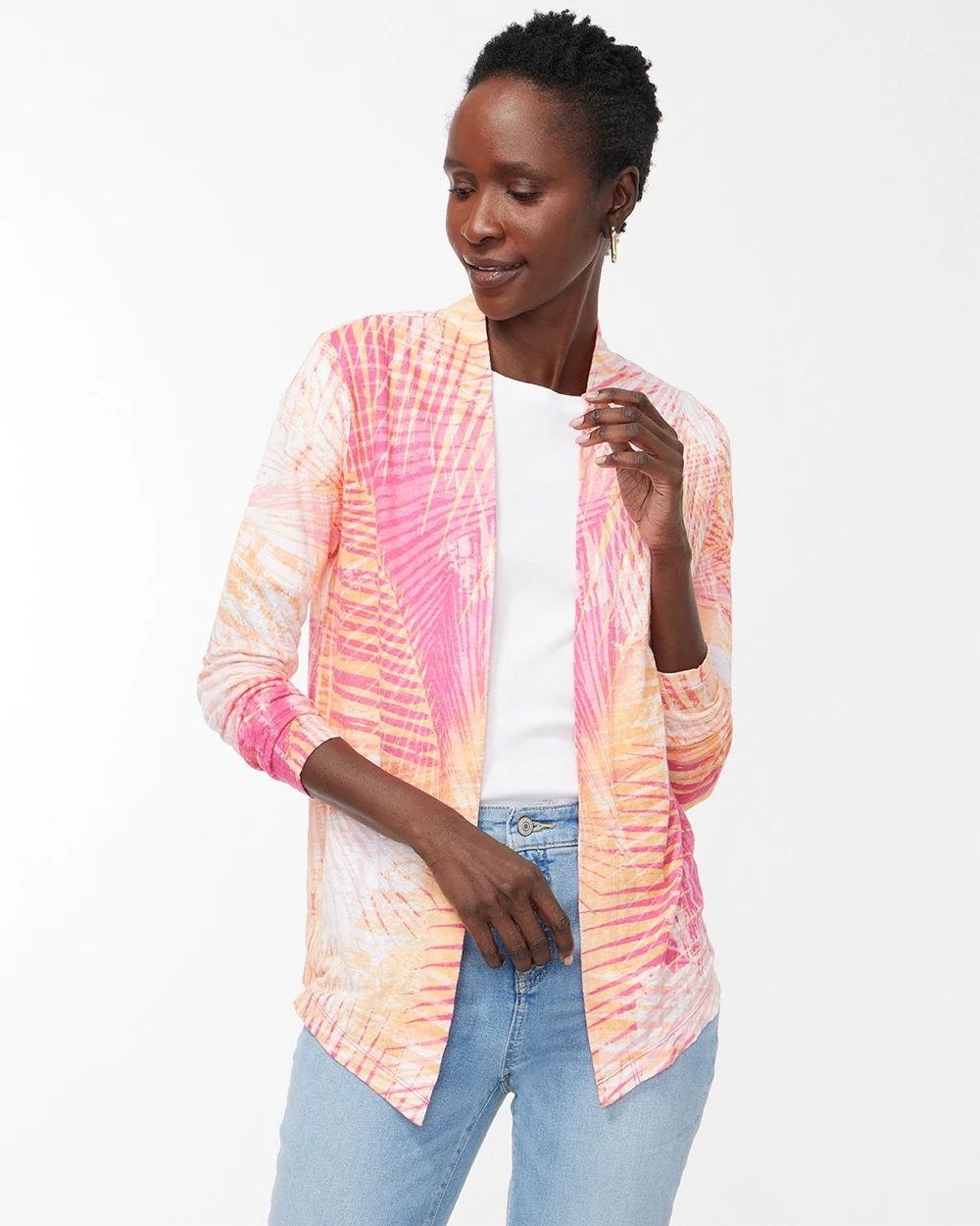 Linen Tropical Print Convertible Cardigan