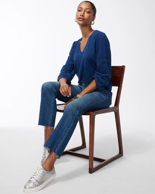 Chambray Sleeve V-Neck Top