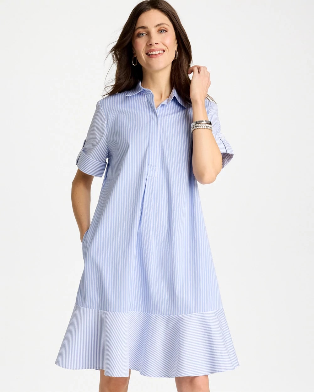 Popover Striped Tiered Poplin Dress