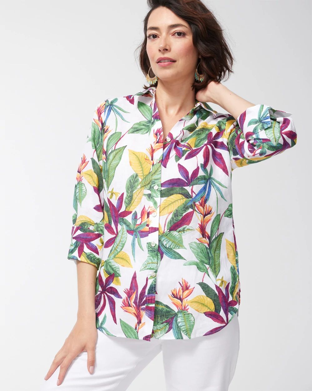 No Iron Linen 3/4 Sleeve Floral Shirt