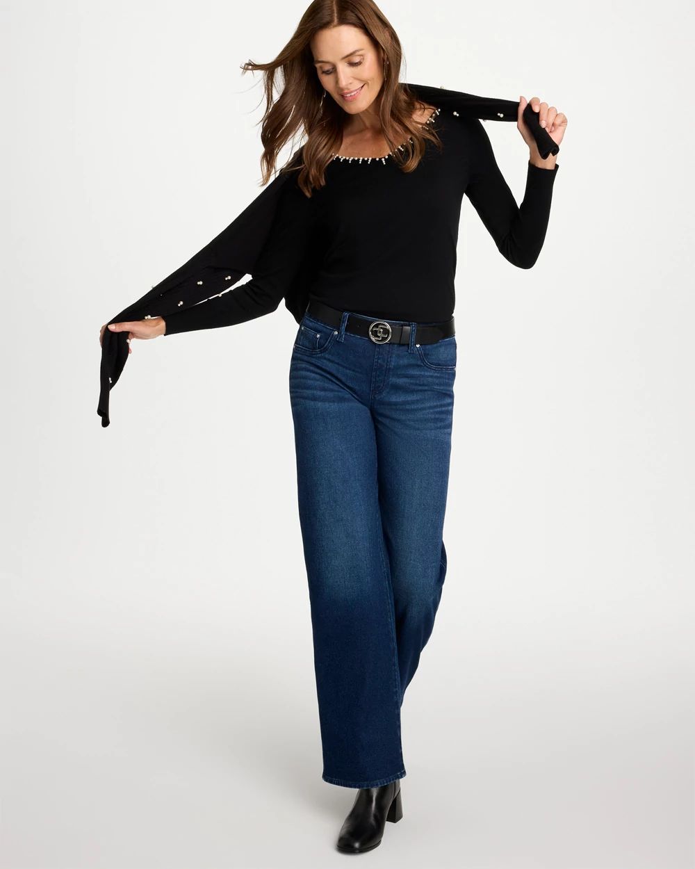 Pull-On Knit Denim Wide-Leg Jean