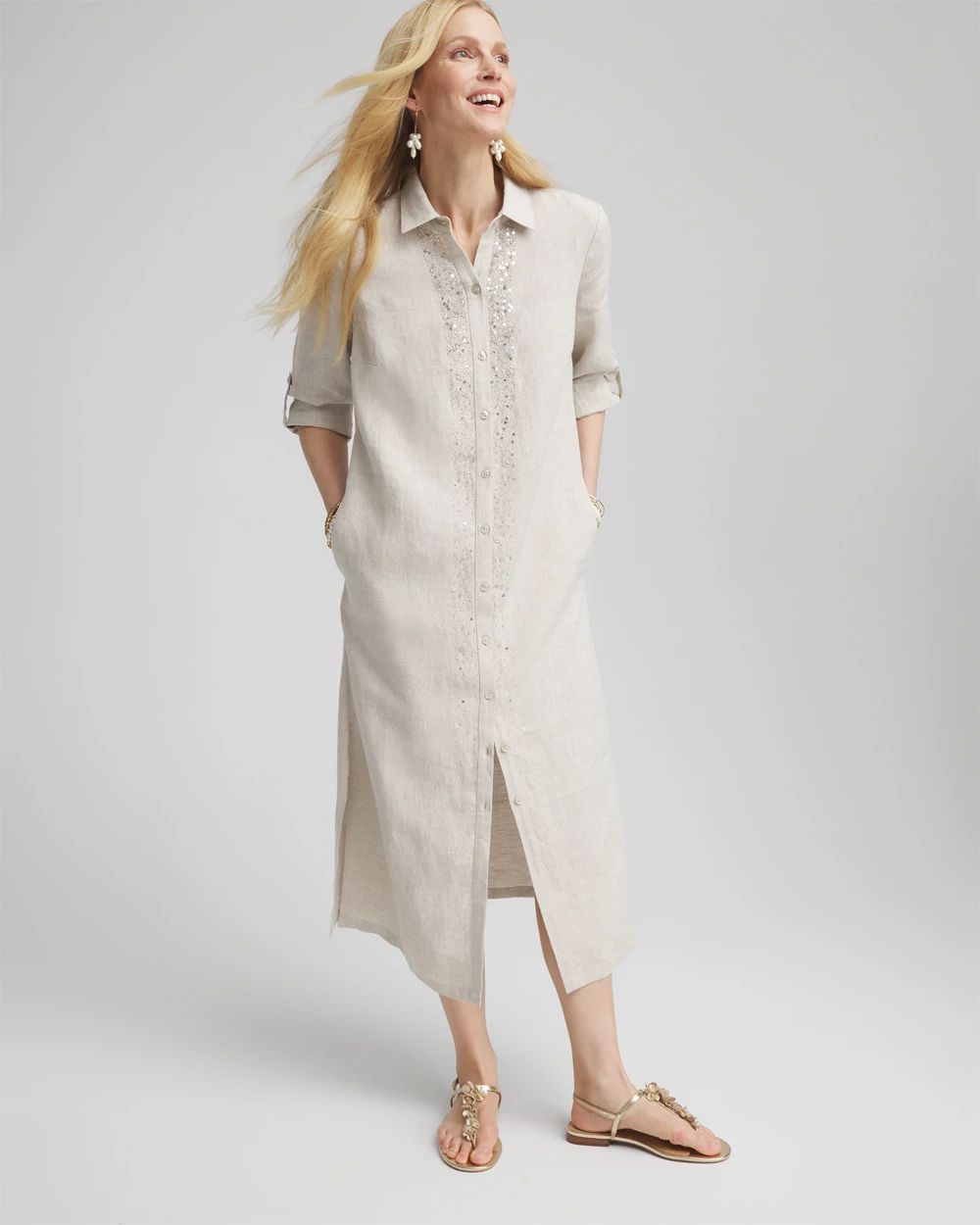 Petite Linen Embellished Midi Shirt Dress
