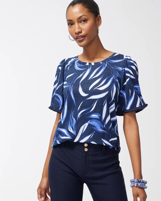 Linen Leaf Print Fringe Sleeve Tee