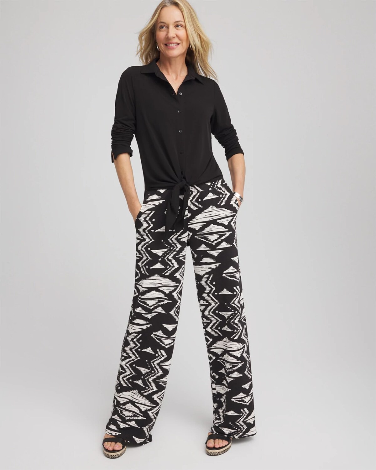 Chico's Travelers Knit Tie-front Shirt In Black In Black