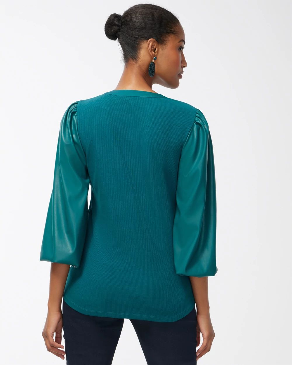 Faux Leather Sleeve Henley Top