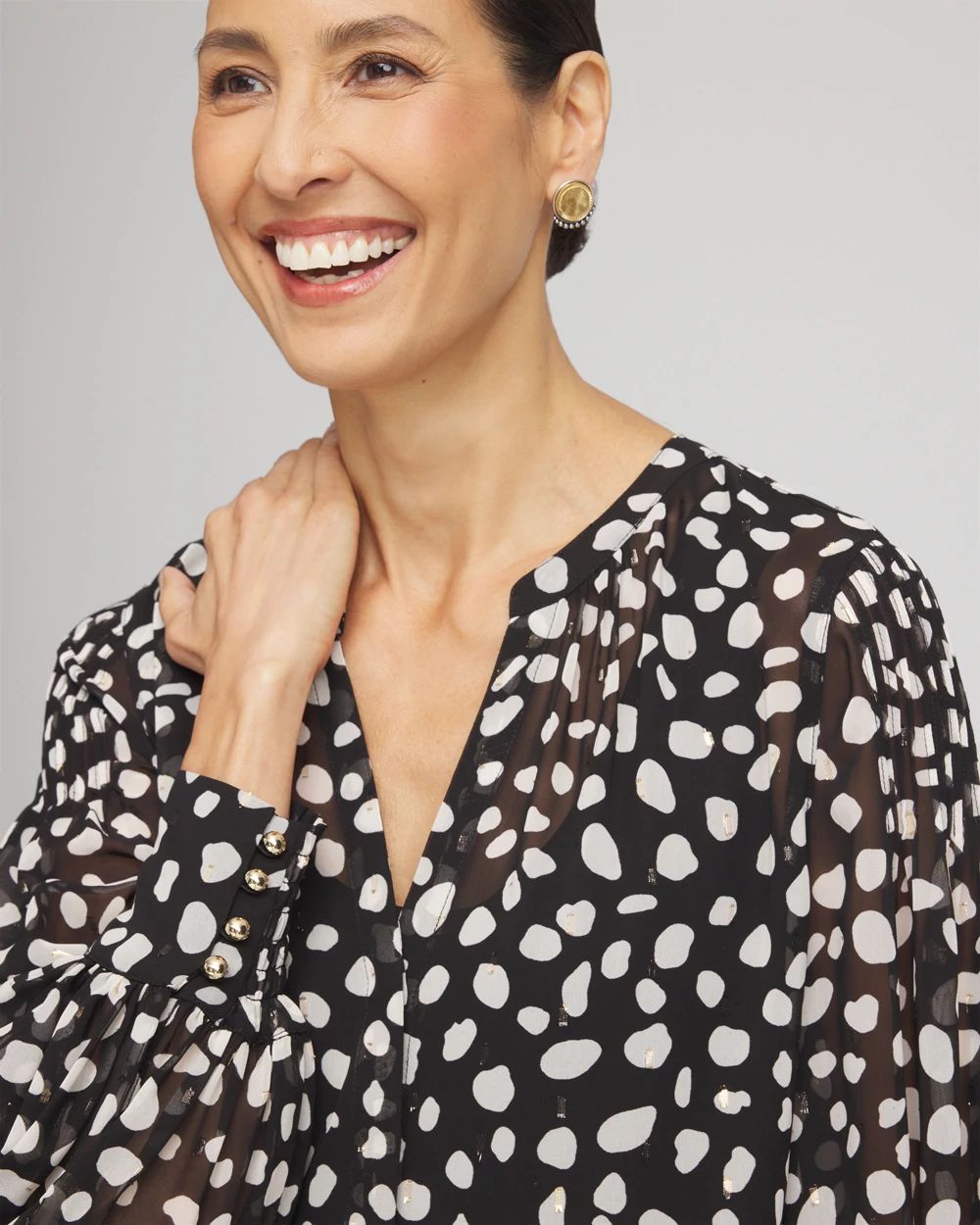 Metallic Clip Dot Pintuck Sleeve Blouse