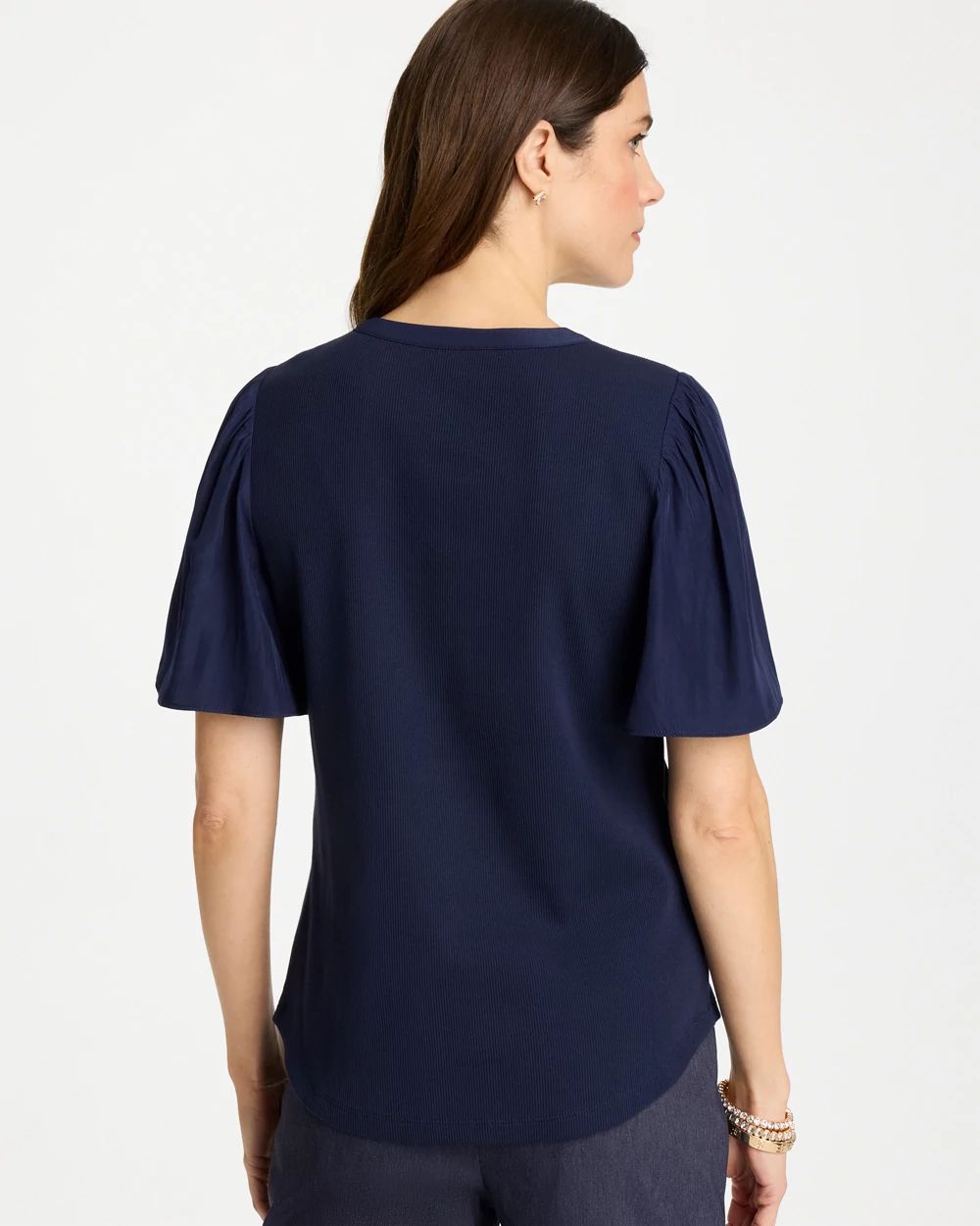 Rib Knit Woven Flutter Sleeve Tee