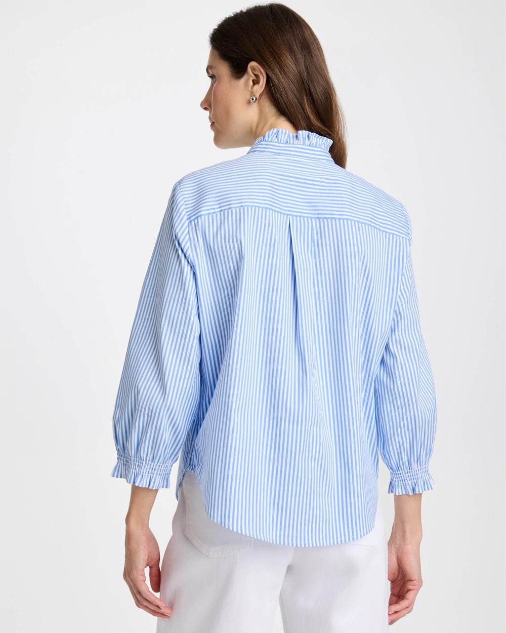 Striped Poplin Ruffle Neck Shirt