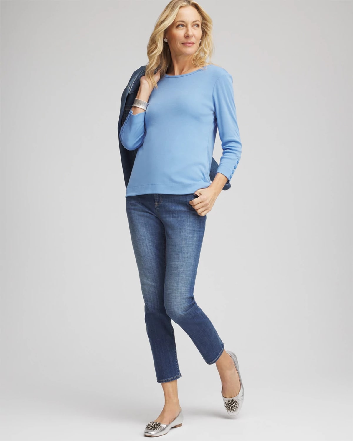 Chico's Pima Cotton Crewneck Button Tee In Tidal Blue