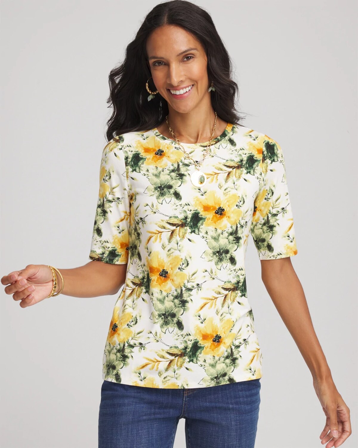 Chico's Touch Of Cool Elbow-sleeve Perfect Tee In White In Sand
