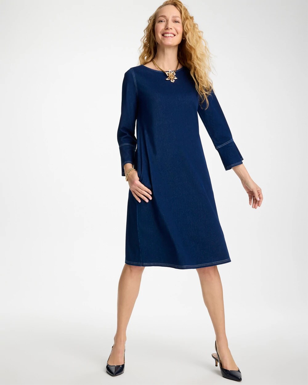 Bell Sleeve Knit Denim Dress