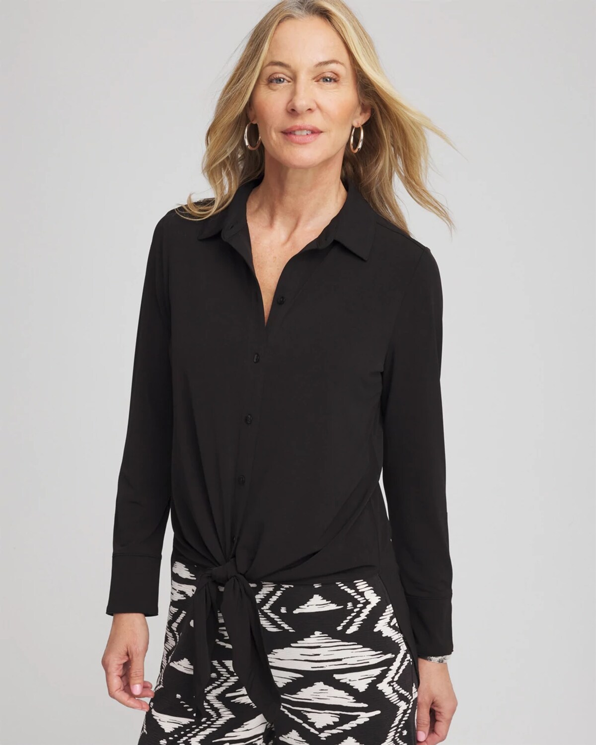 Chico's Travelers Knit Tie-front Shirt In Black In Black