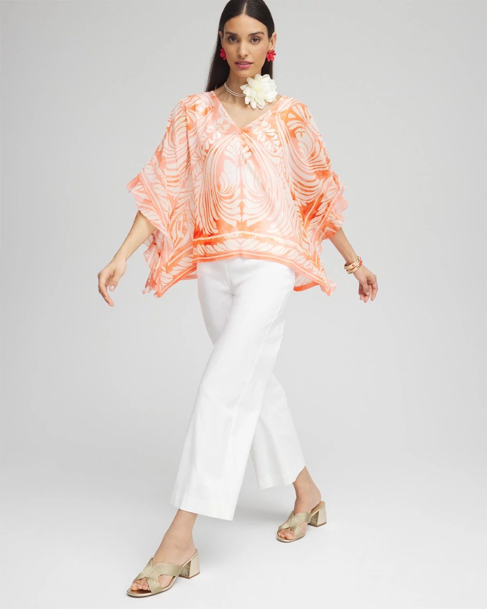 Sheer V-Neck Print Poncho