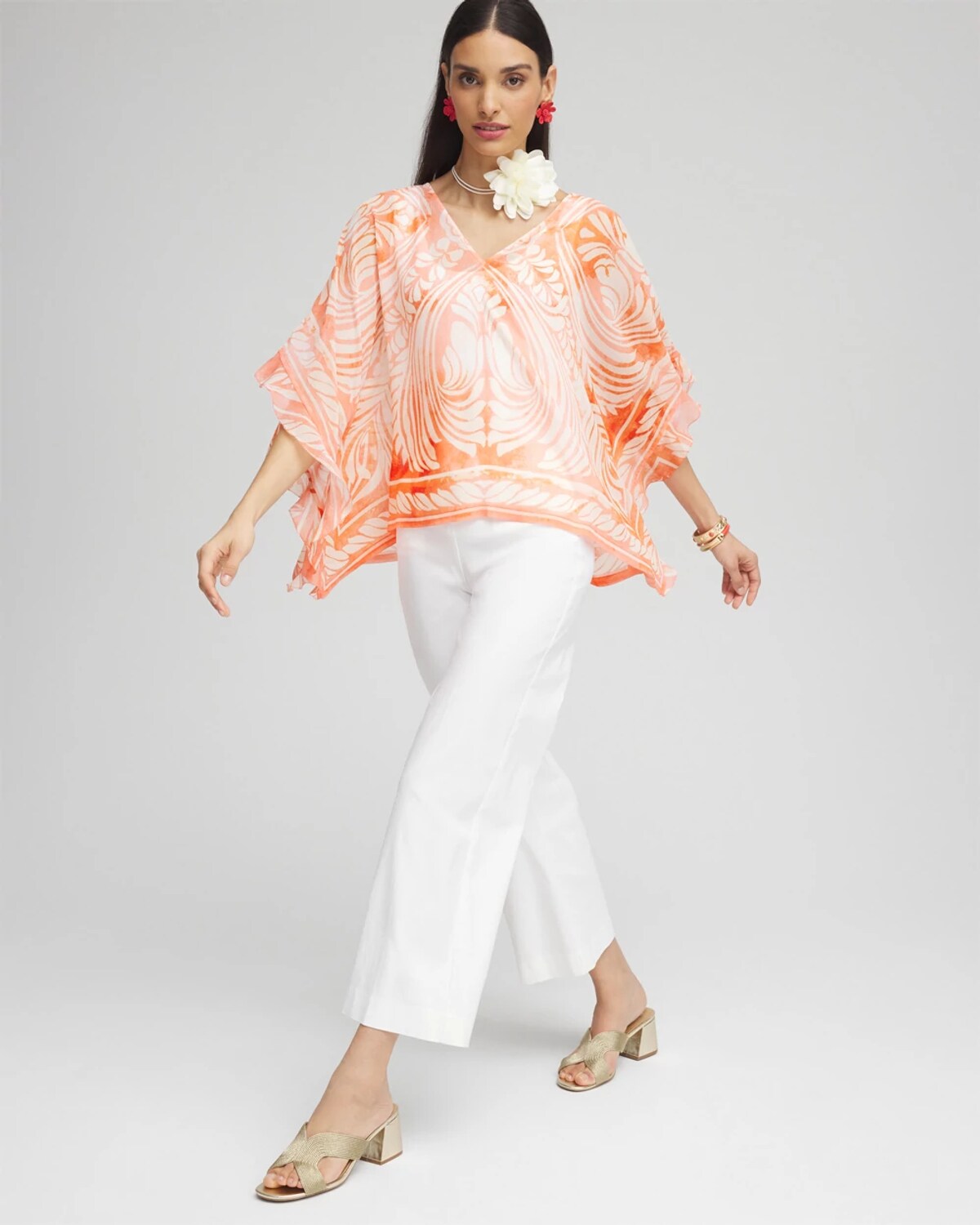 Chico's Sheer V-neck Print Poncho In Orange