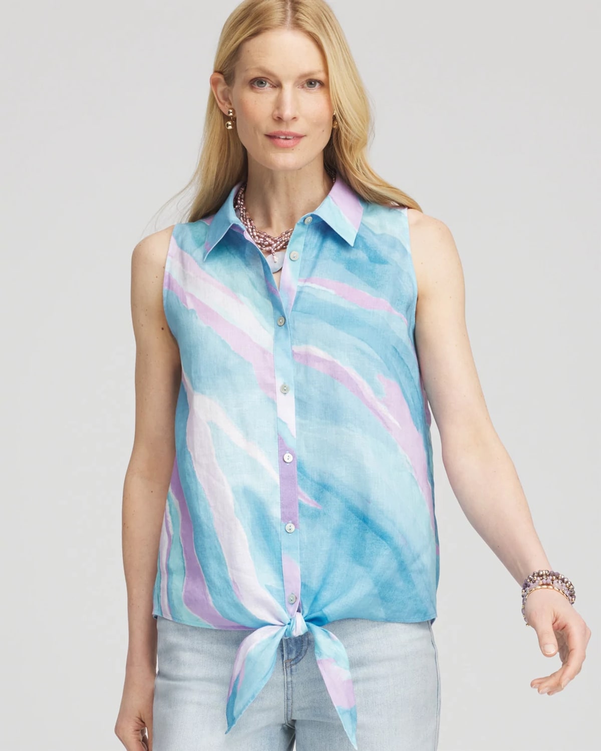 Chico's No Iron Linen Tie-front Sleeveless Shirt In Blue