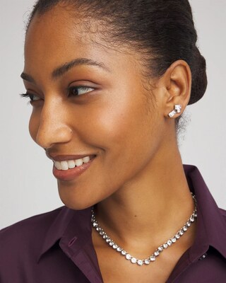 Emerald Cut Silvertone Cluster Stud Earrings click to view larger image.