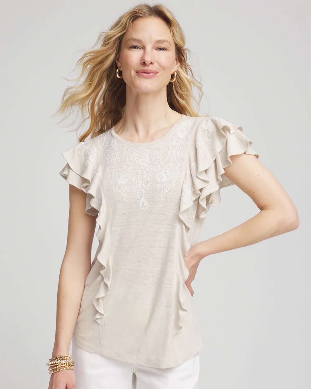 Embroidered Flutter-Sleeve Tee