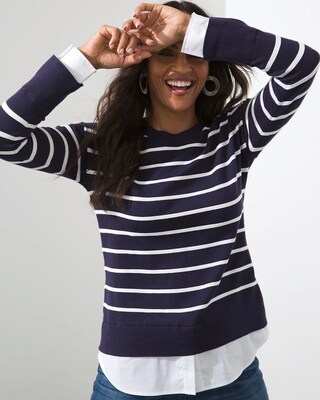 Woven Shirt Detail Stripe Knit Sweater