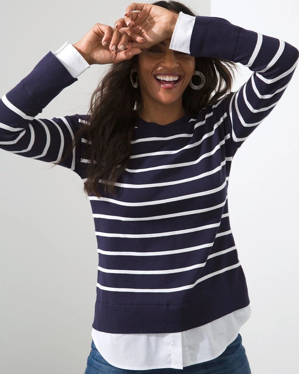 Woven Shirt Detail Stripe Knit Sweater