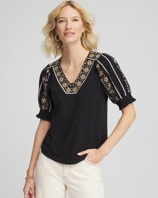 Embroidered Smocked-Sleeve Tee