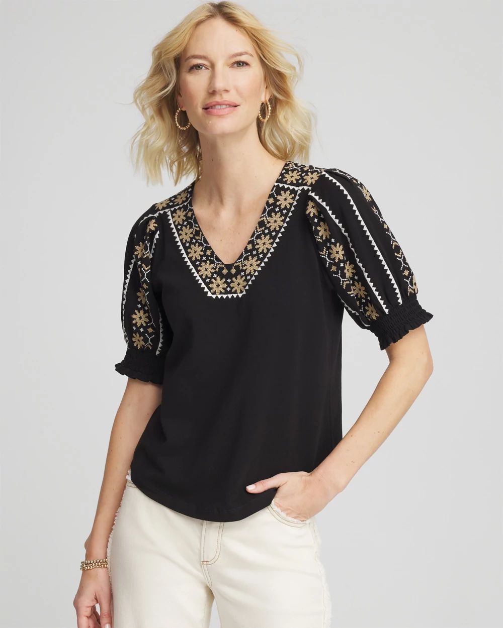 Embroidered Smocked-Sleeve Tee