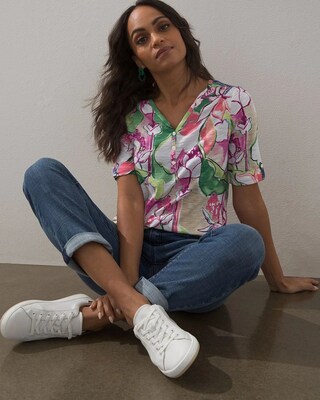 Floral Henley Elbow Sleeve Slub Tee