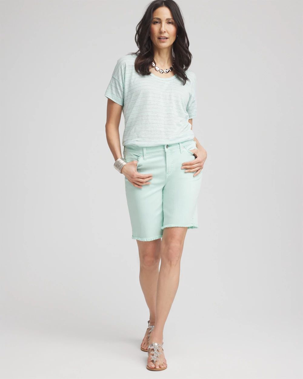 Striped Sweater-Trim Linen Tee