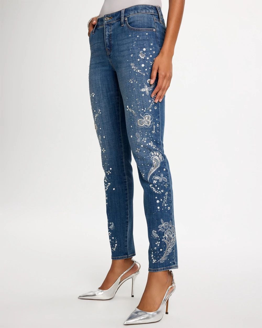 Faux Diamond Embellished Girlfriend Slim Ankle Jeans click to view larger image.