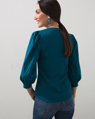 Rib Knit Woven Puff Sleeve Top
