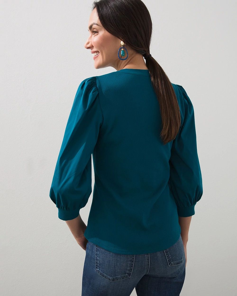 Rib Knit Woven Puff Sleeve Top
