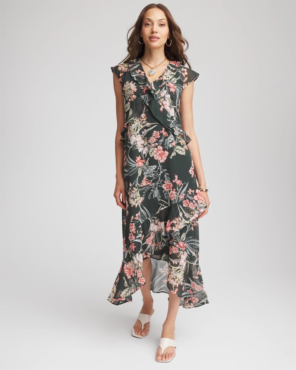 Floral Ruffle-Trim Chiffon Dress