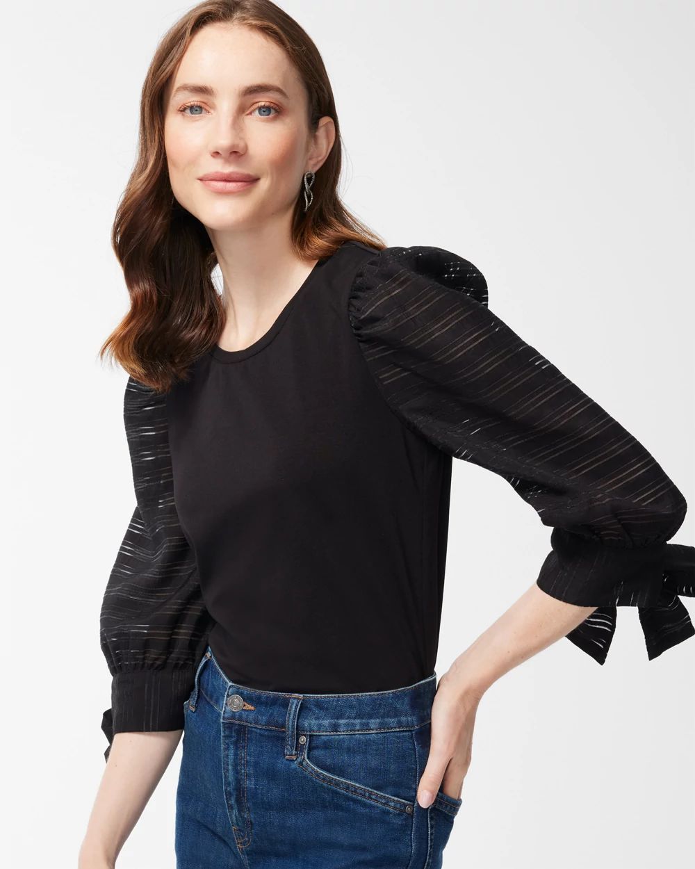 Knit Woven Sheer Sleeve Tee