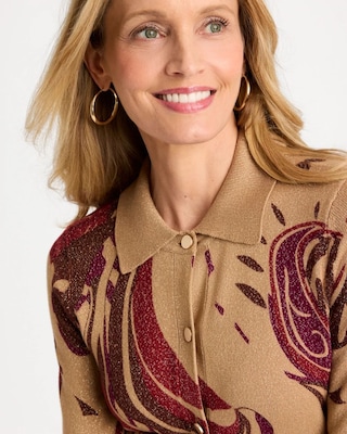 Collared Printed Belted Cardigan click to view larger image.