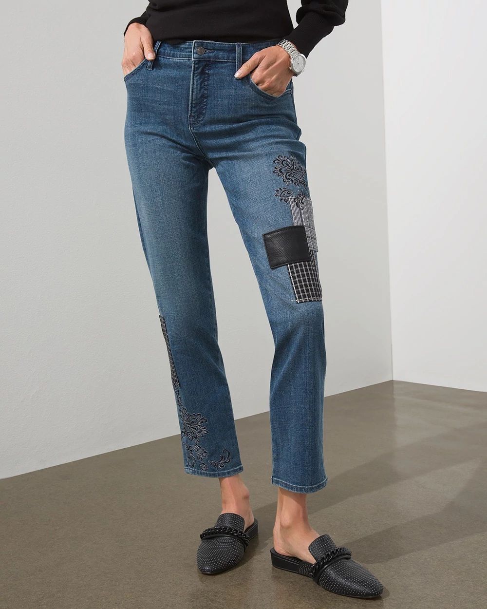 Girlfriend Embroidered Patches Ankle Jeans