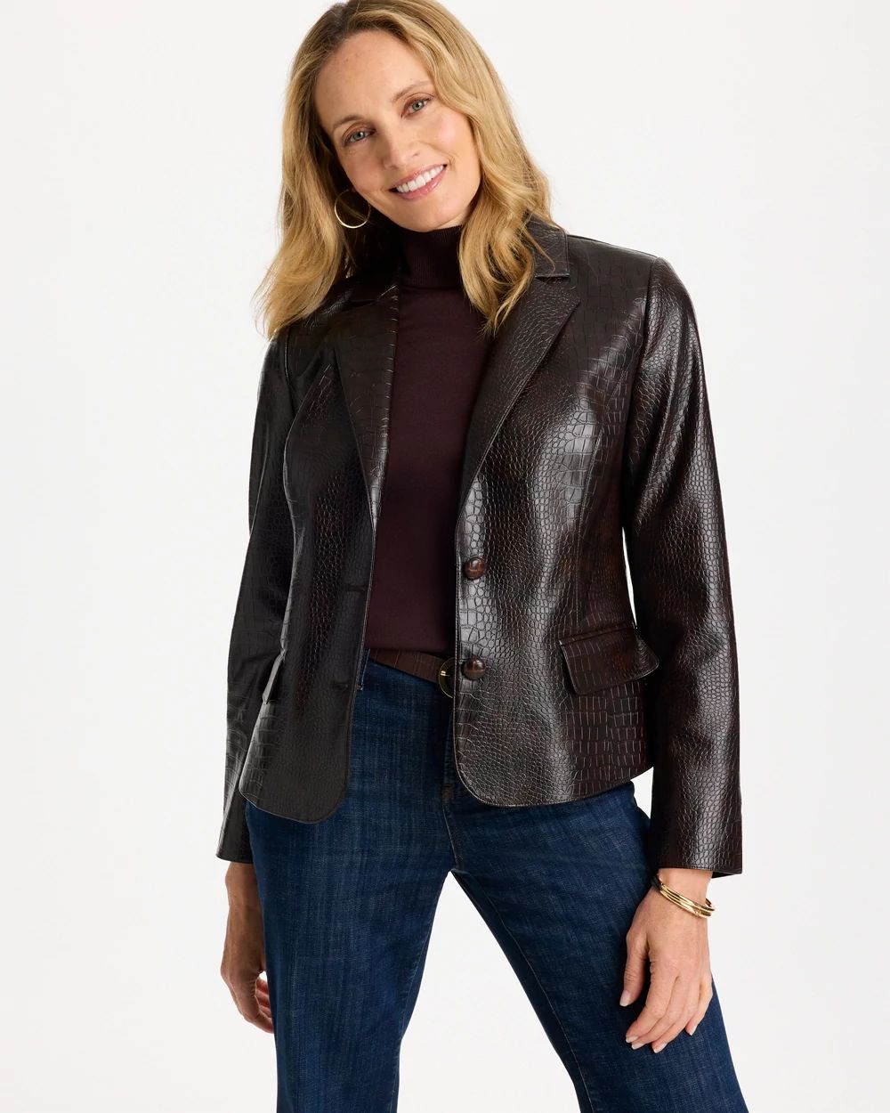 Faux Leather Crocodile-Embossed Blazer